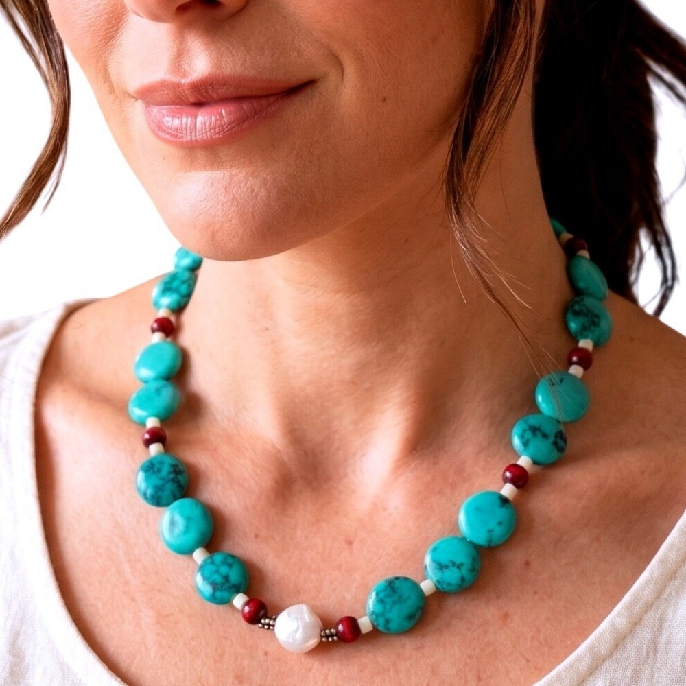 Artisan Turquoise Color Disc Baroque Pearl Heishi Bead Choker Necklace 17"